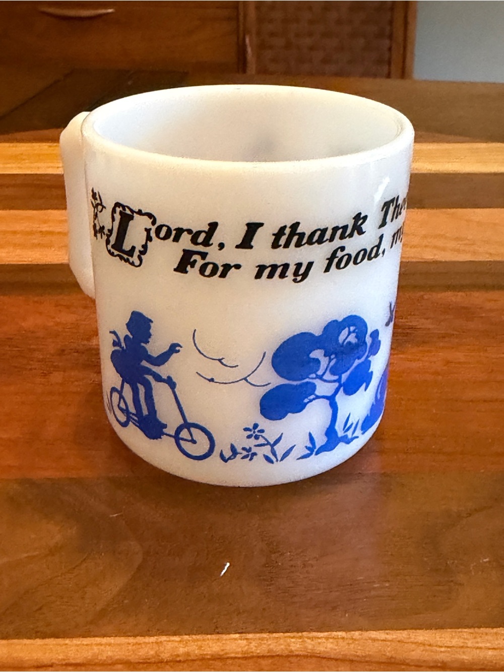 Hazel Atlas White Milk Glass Prayer Mug with Blue Silhouette Design